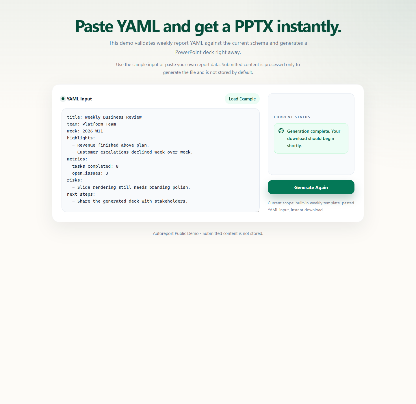 Autoreport demo success state after PPTX generation